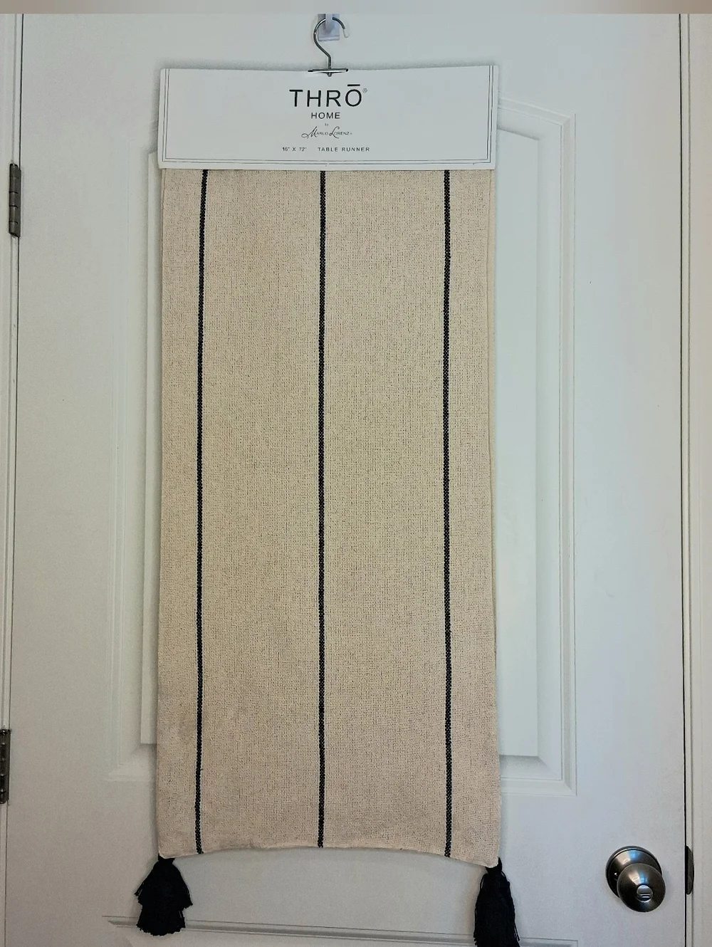 NEW Thro Home Joanna Table Runner 190% Cotton Cream Navy Blue Tassels 16x72 NWT